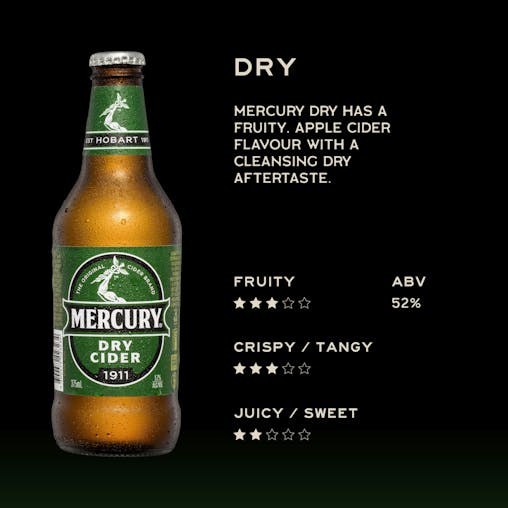 Mercury Dry Cider, Full Flavoured with a Smooth Dry Finish, Crisp & Refreshing, 5.2% ABV, 375mL (Case of 24 Bottles)