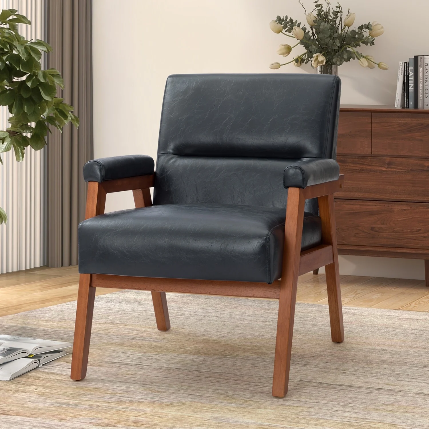 Philipp Mid-century Modern Leather Armchair with Tufted Design by HULALA HOME