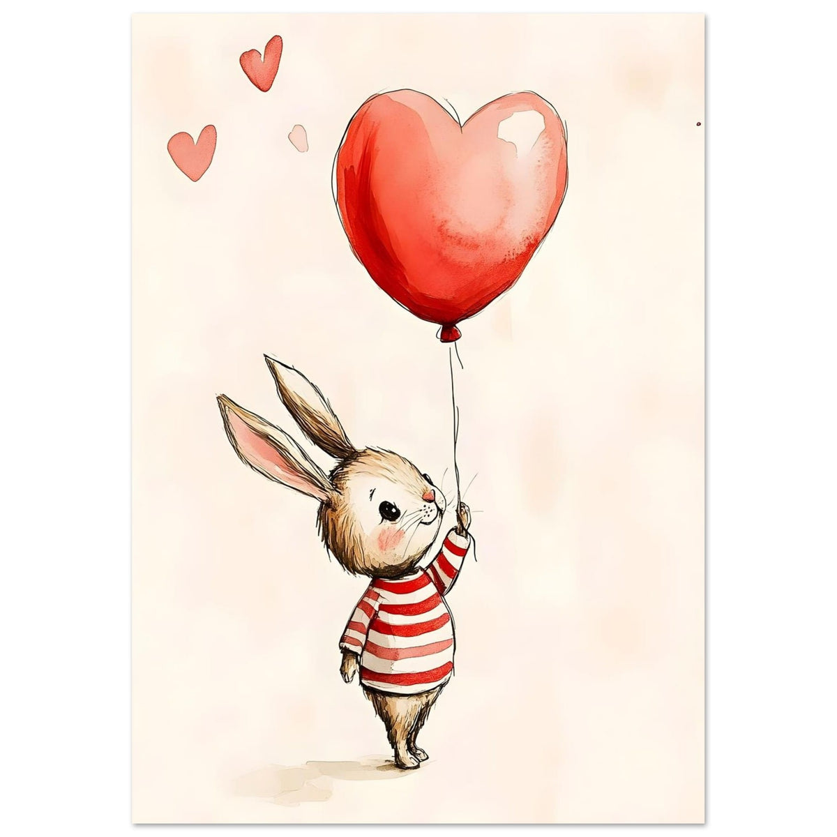 Artfulprints Poster Konijn met hartjesballon  - A4 21x29.7 cm - Meerkleurig