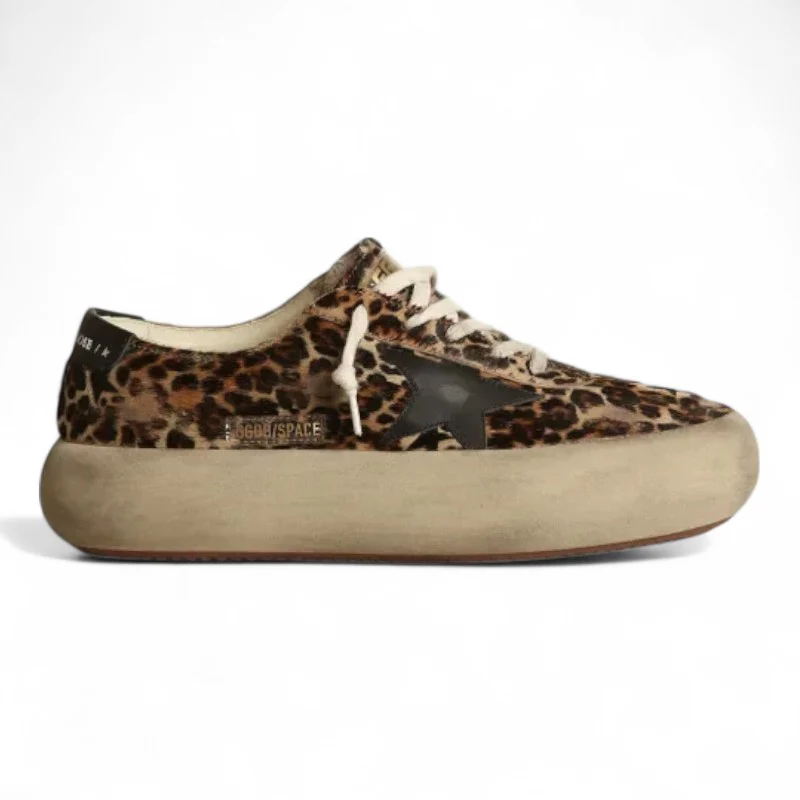 Space-Star shoes in leopard-print pony skin with black leather star and heel tab