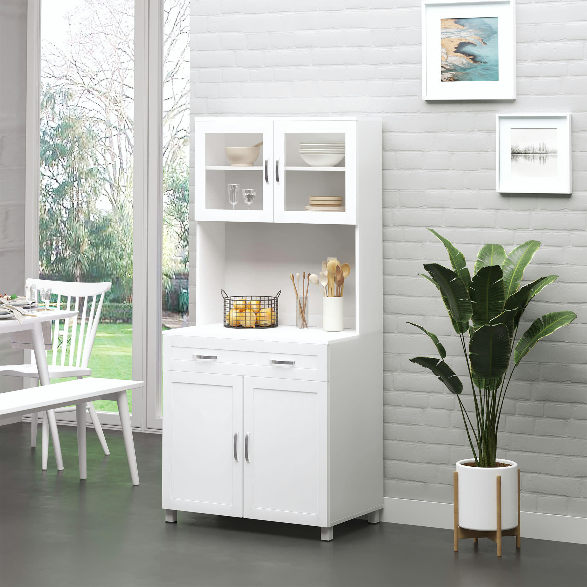 - Buffet haut contemporain 4 portes grand tiroir et niche blanc