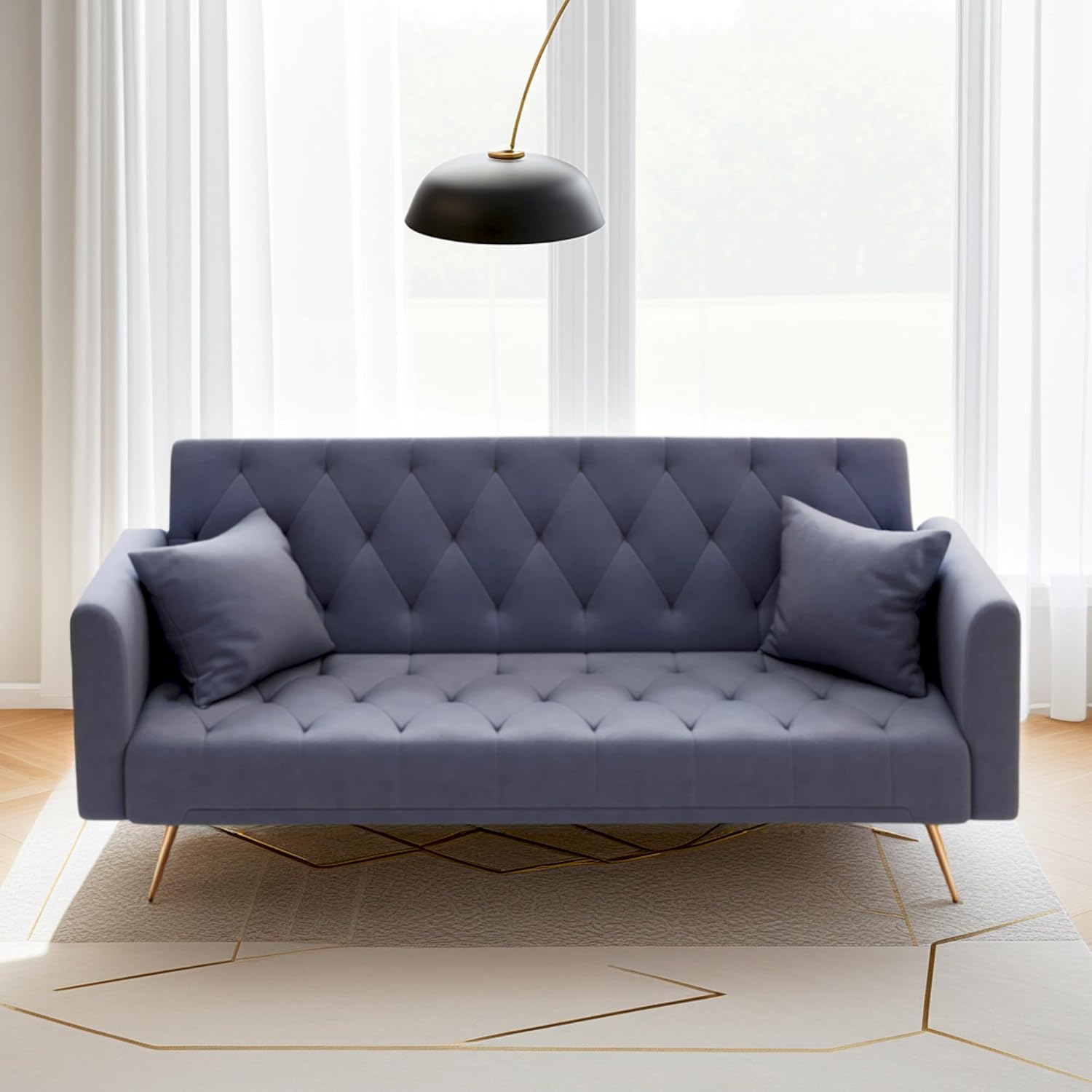 72Modern Velvet Sofa Bed Futon,Convertible Folding Sleeper Bed Couches with 3 Adjustable Backrests,Tufted Recliner Loveseat with Golden Chrome Legs for Small Living Room Office (Dark Grey+pillows)