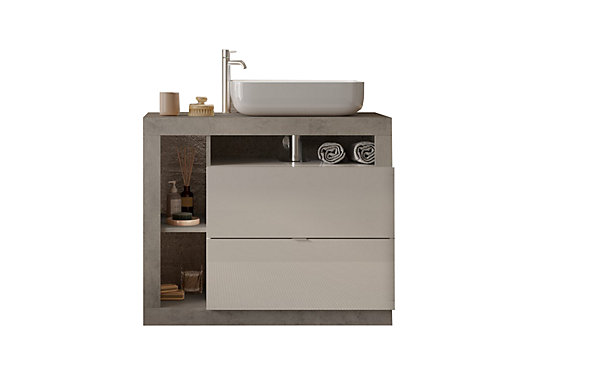 Meuble salle de bain 2 tiroirs   vasque HAMBURG blanc brillant, béton 92 x 79 x 49 cm