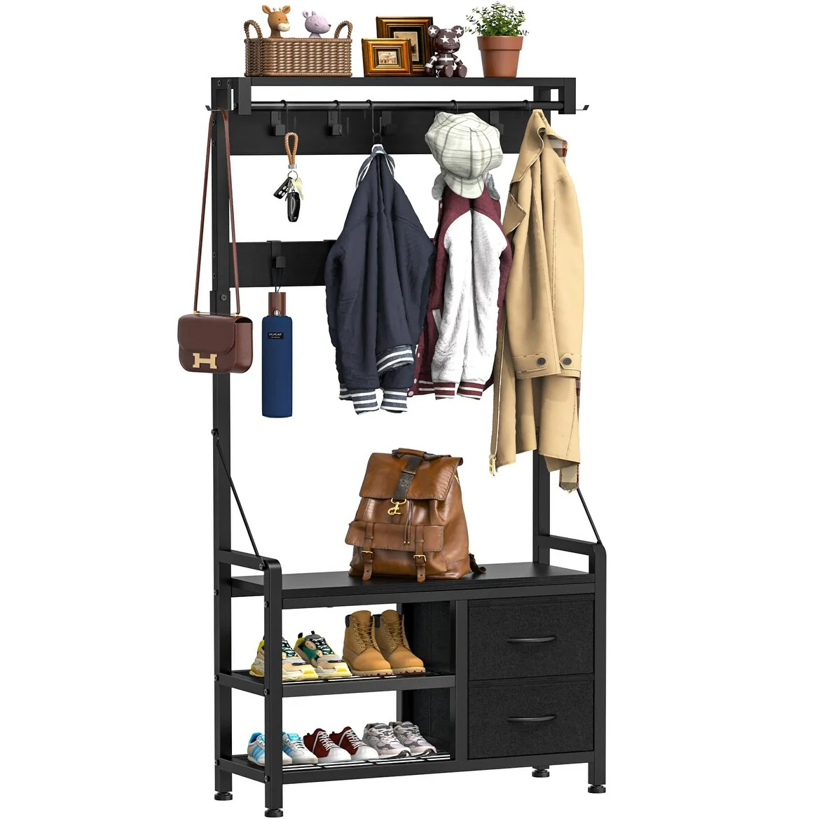 Hall Tree, 31 Entryway Bench with Coat Rack freestanding, 5 in 1 Intelligent Design Shoe Bench & Wall Rack 17 Hooks and Drawers