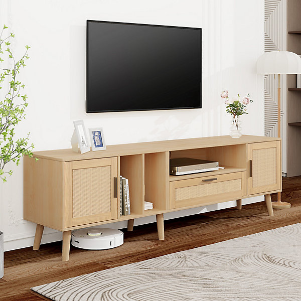 Meuble TV 180 cm avec 2 Portes et 1 Tiroir en Rotin, Gestion des Câbles, Pieds en Bois Massif - Style Rustique - Naturel