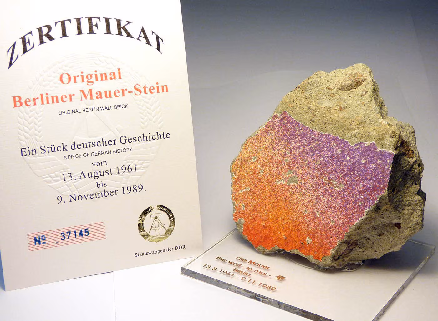 Extra Large & Heavy Piece of the REAL BERLIN WALL on Acrylic Base with Certificate of Authenticity -Historic German Artifact Souvenir
