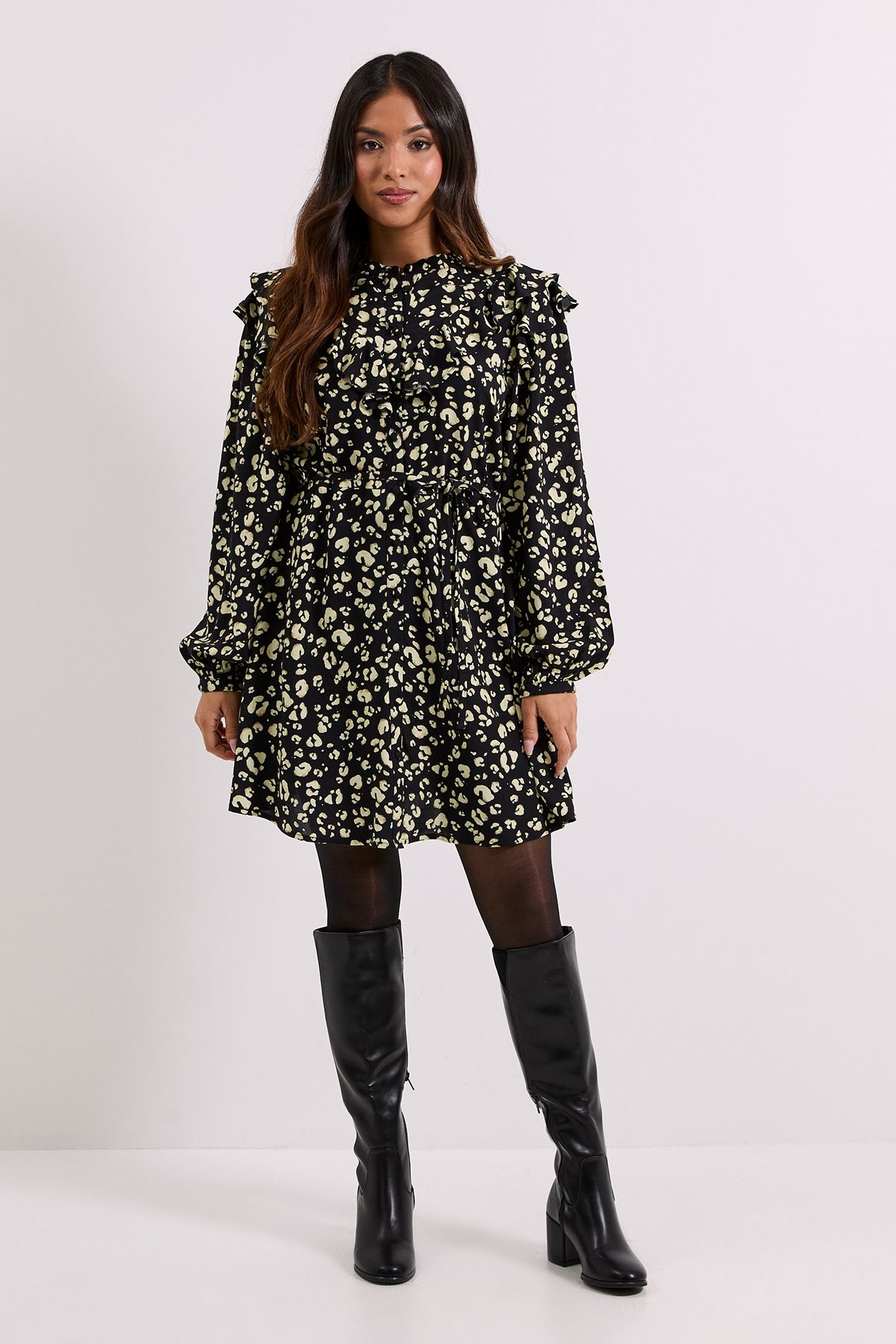 Dorothy Perkins Petite Yellow Animal Frill Yoke Belted Mini Shirt Dress