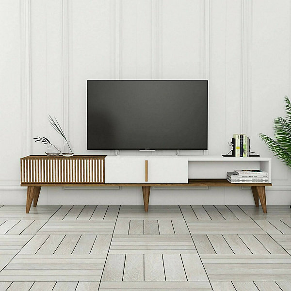 Meuble TV Aquila, Buffet de salon, Armoire basse pour TV, Base murale de rangement, 180x35h40 cm, Noyer et Blanc
