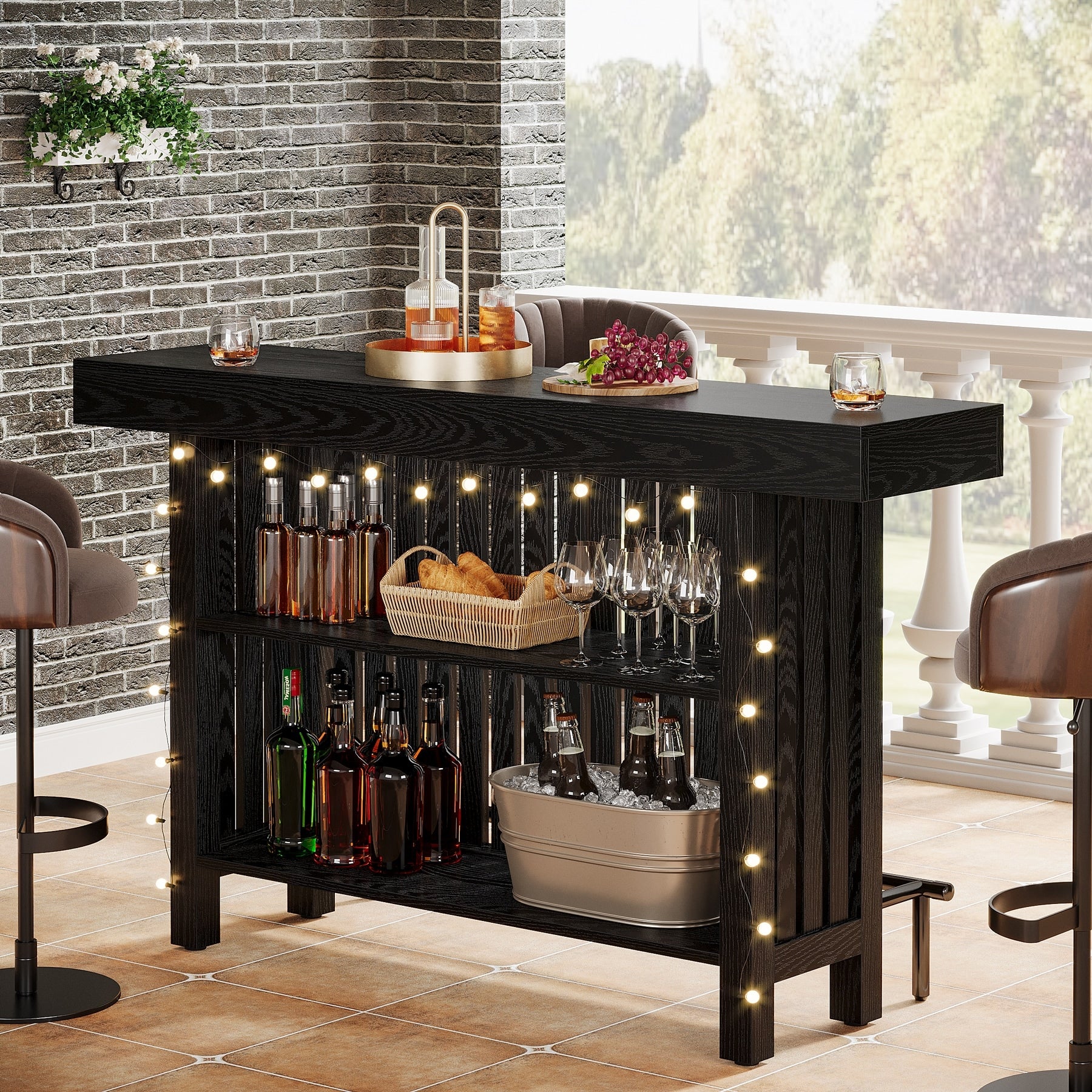 63 Home Bar Unit, Modern 2-Tier Bar Table with Footrest