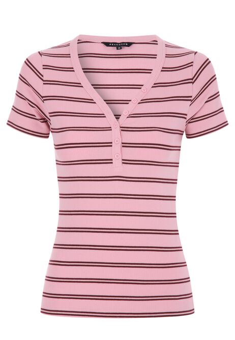 Womens Pink Stripe Button Placket Top