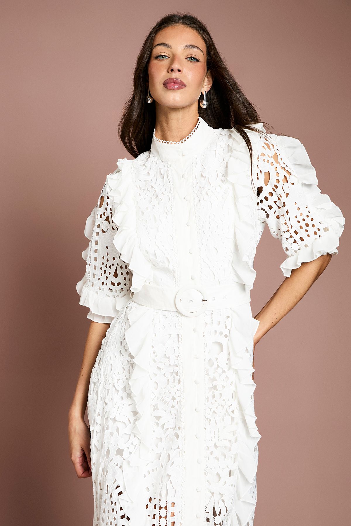 Coast Lace Ruffle Shirt Dress With Tie