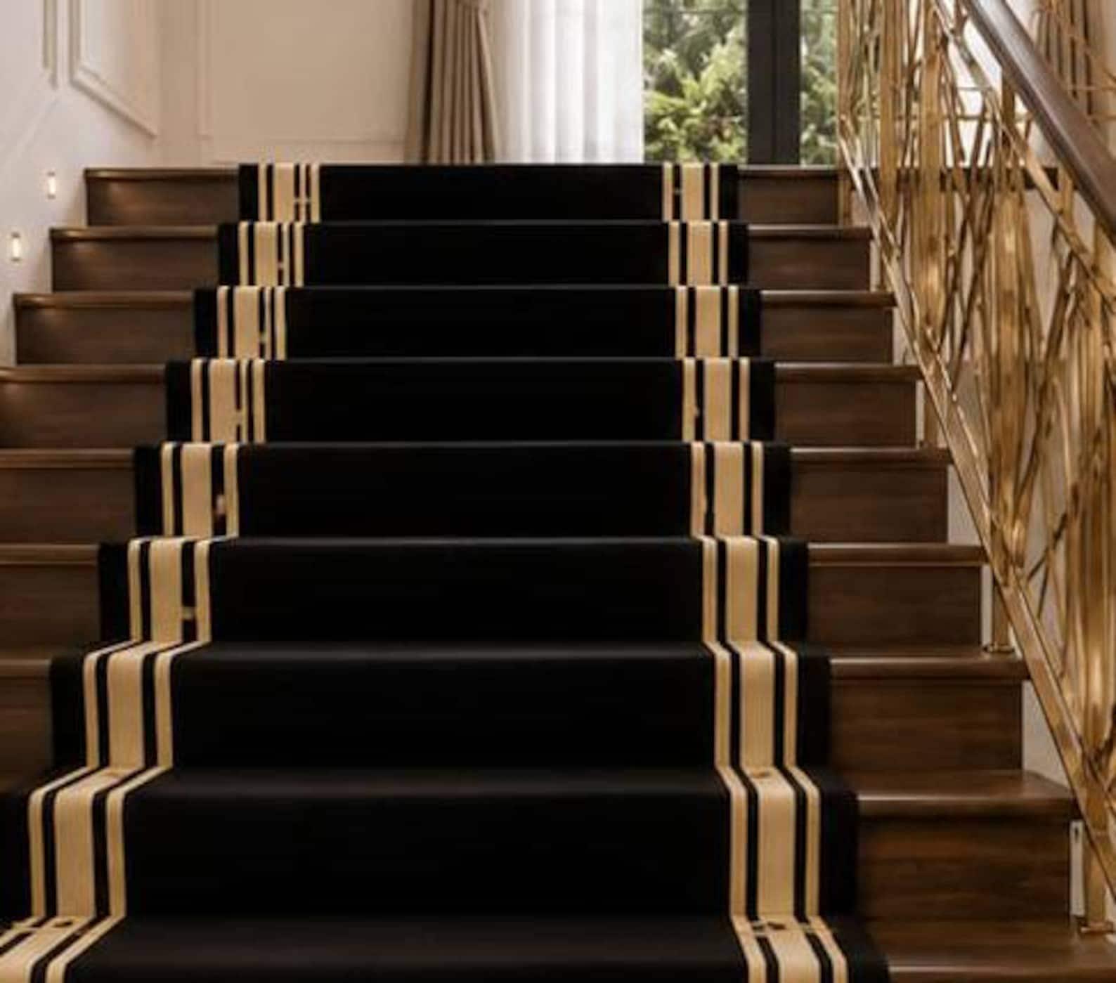 Black Stair Runner Rug, Modern Geometric Border Carpet, Luxury Staircase Runner