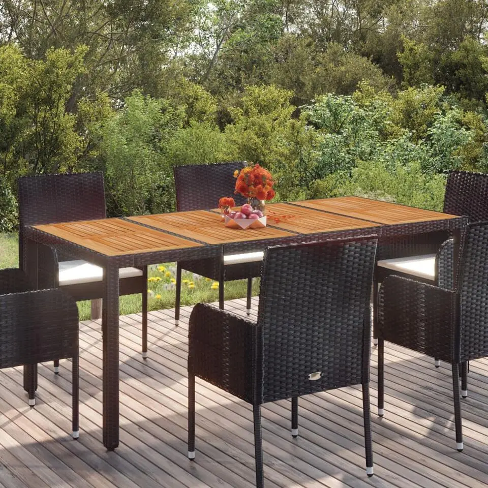 vidaXL - Tuintafel Met Houten Blad - Zwart - Poly rattan - 190 x 90 x 75 cm