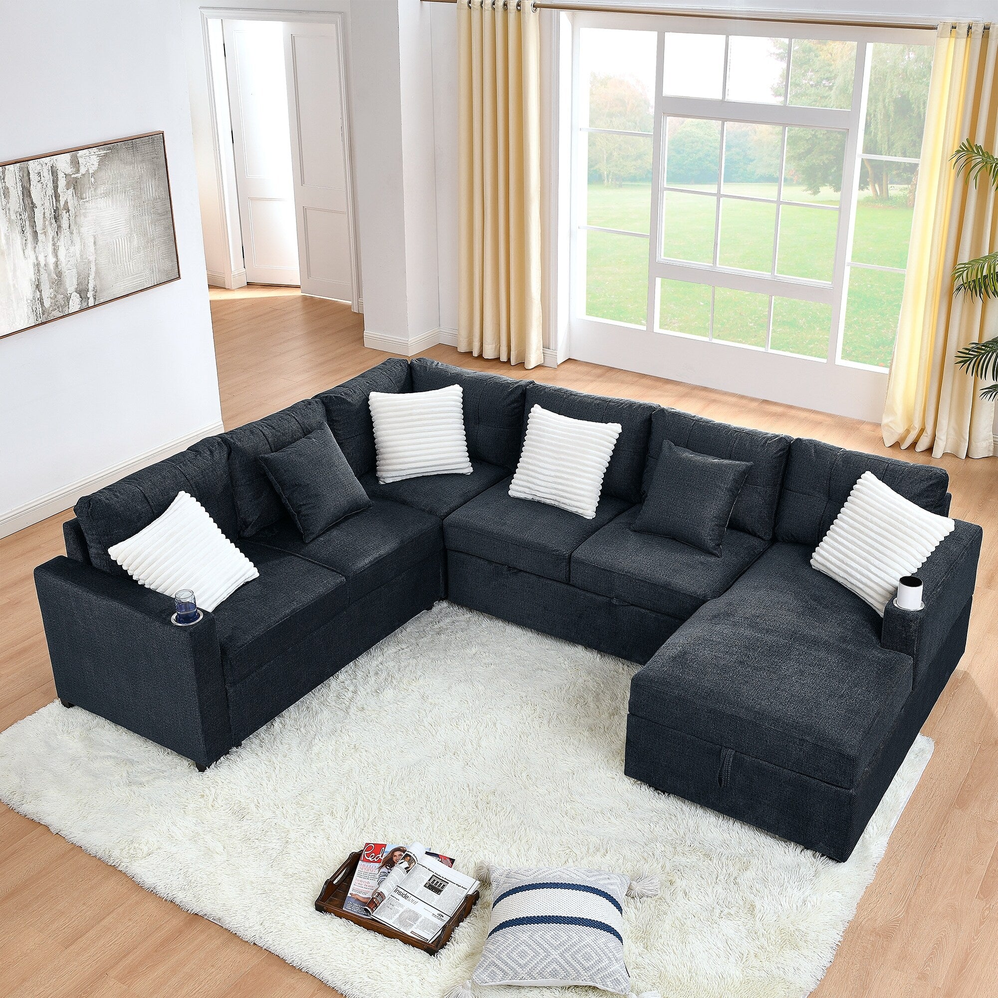 113'' U-Shaped 6 Seater Sleeper Sofa with Storage Chaise, Stainless Steel Cup Holders, and Plush Corduroy Pillows