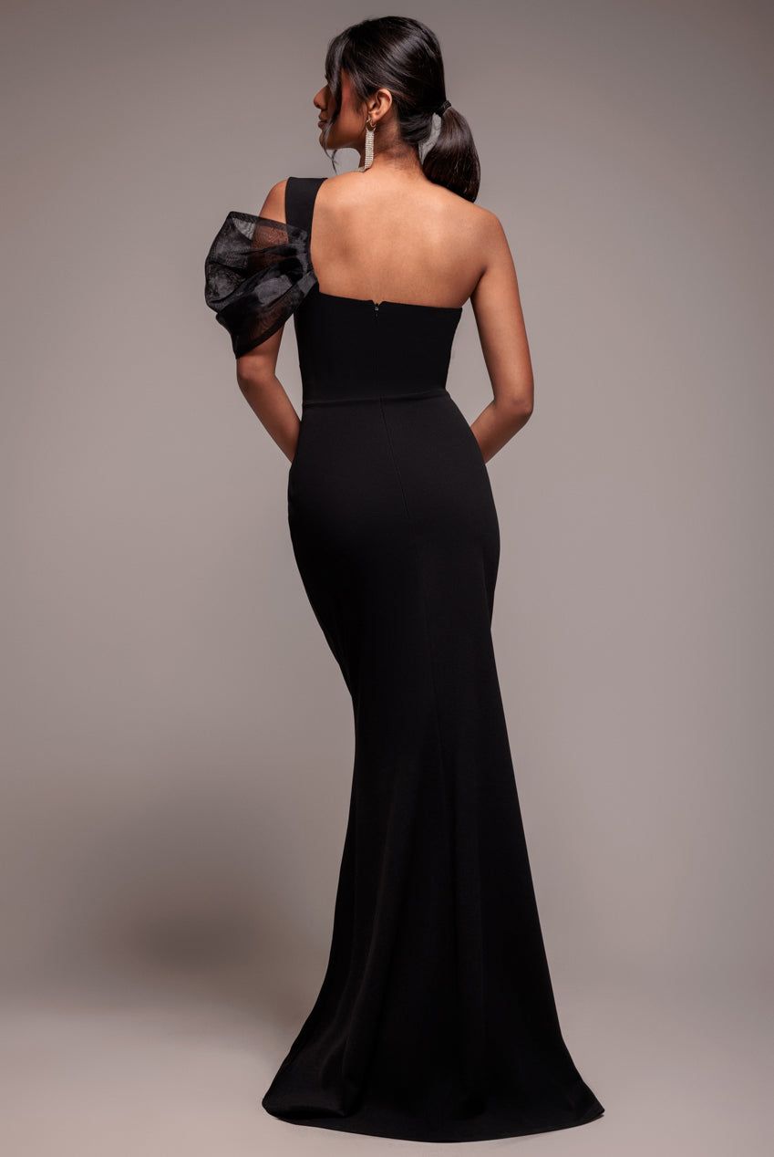 Goddiva Organza Bow One Shoulder Scuba Crepe Maxi Dress