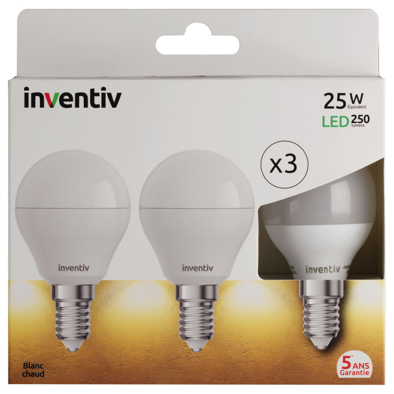 Ampoule LED boule E14 3 W 250 lm blanc chaud 3 pièces INVENTIV