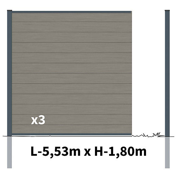 Kit Clôture Bois Composite Platine 5,5x1,8m RIO - Poteaux en Aluminium Gris - Brise Vue - Palissade