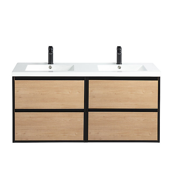 Pack Meuble prémonté 120 bois détail noir-Vasque résine-Robinets noir-Miroirs JOY - bain-bain