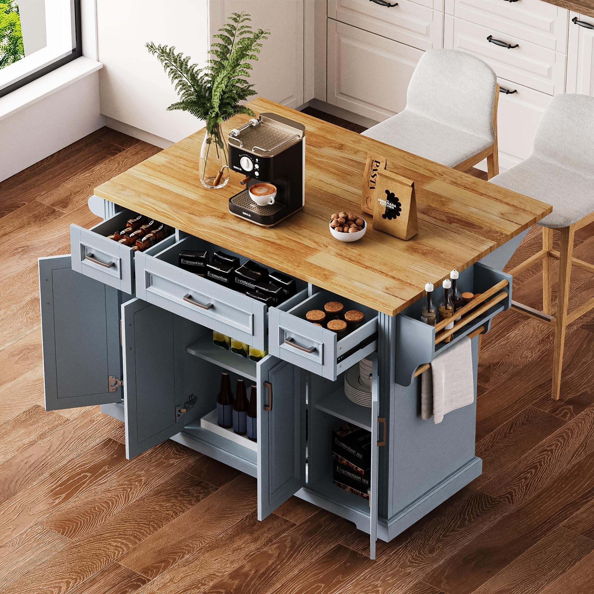 Large Kitchen Island with Wood Drop Leaf, Blue Rolling Kitchen Cart with Doors and Drawers with Storage for Kitchen