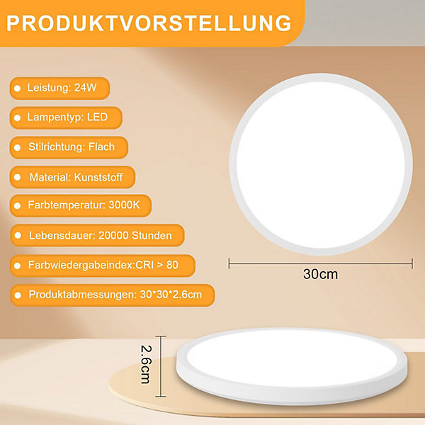 NETTLIFE Plafonnier LED Salle de bain Plat 30CM 24W Rond Blanc Plafonnier Cuisine Non-variable