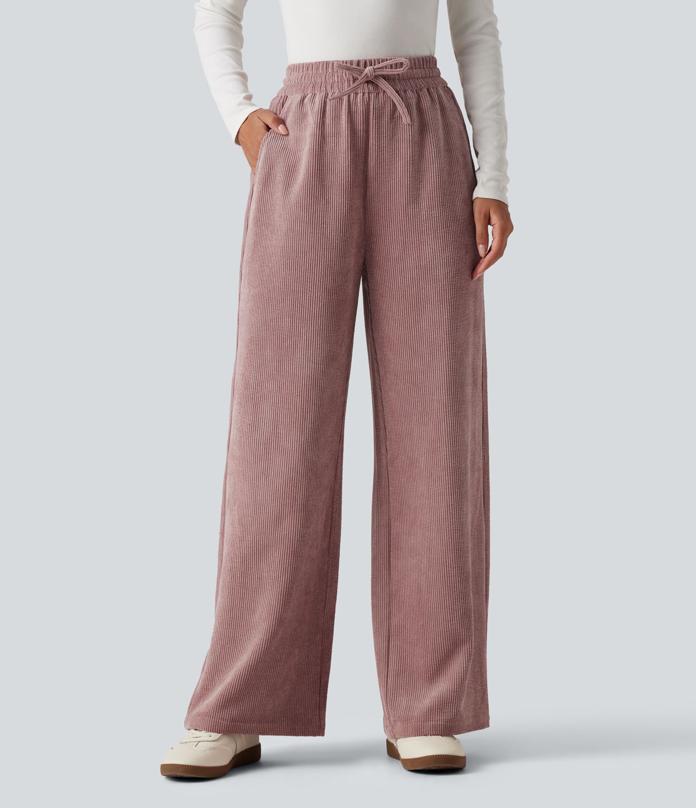 Pantalon large en velours côtelé taille haute avec cordon de serrage et poches