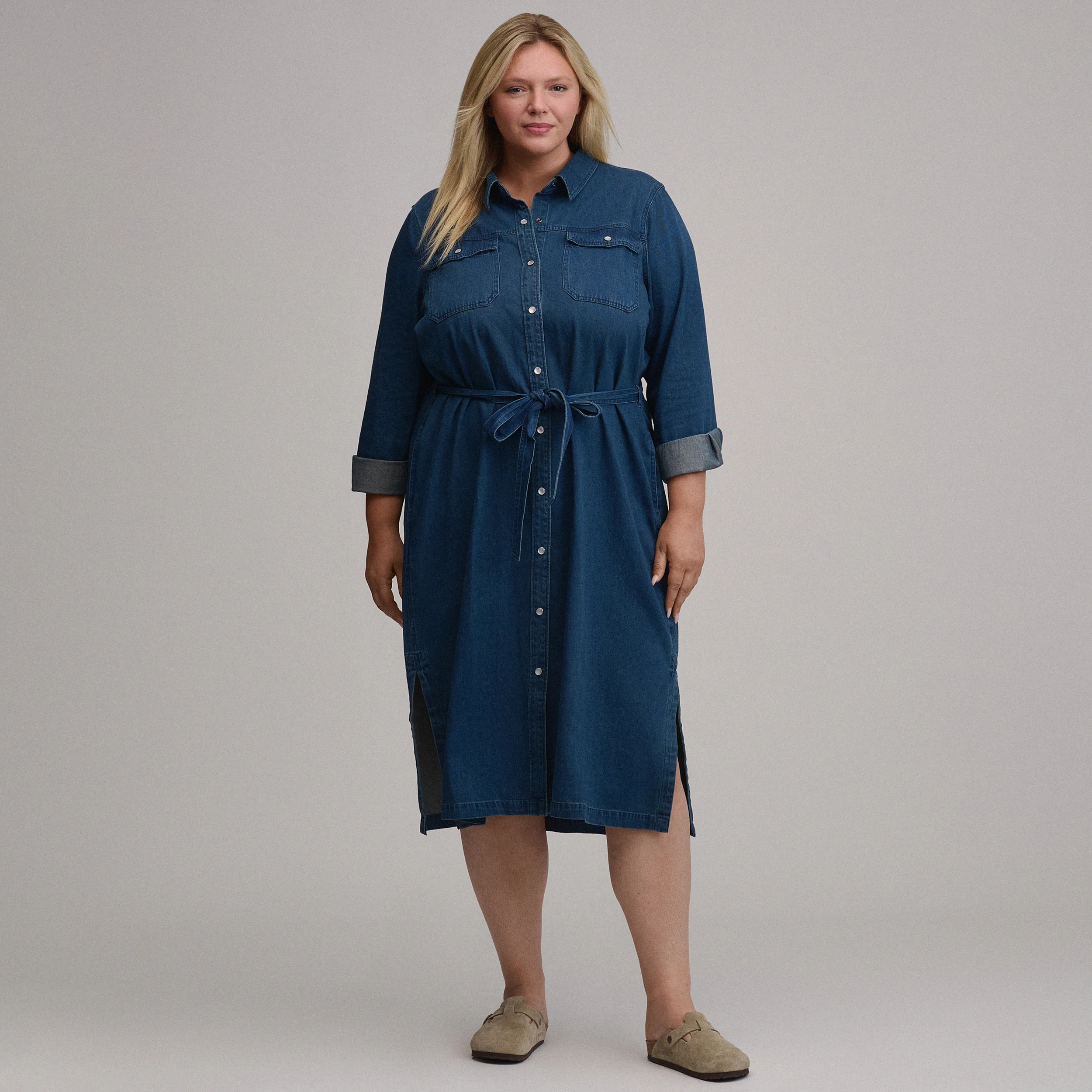 Women's Long-Sleeve Denim Button Front Belted Midi Dress