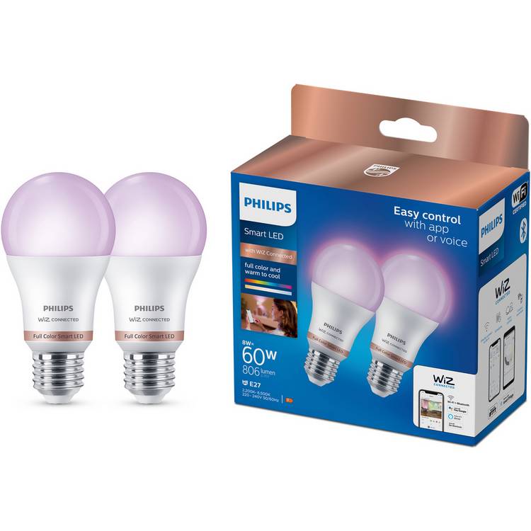 Philips WiZ E27 Colour Smart LED Wi-Fi Bulb - 2 Pack