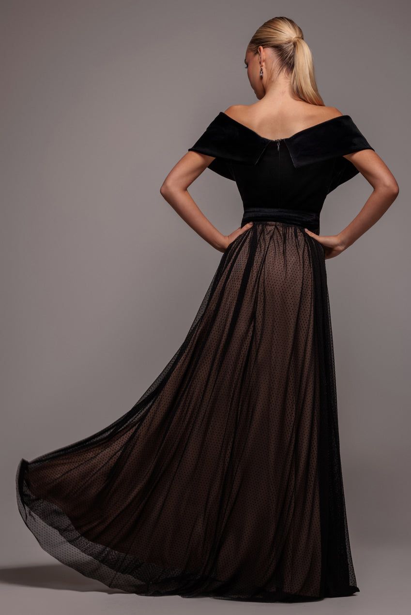 Goddiva Velvet Bardot Dobby Mesh A Line Maxi Dress