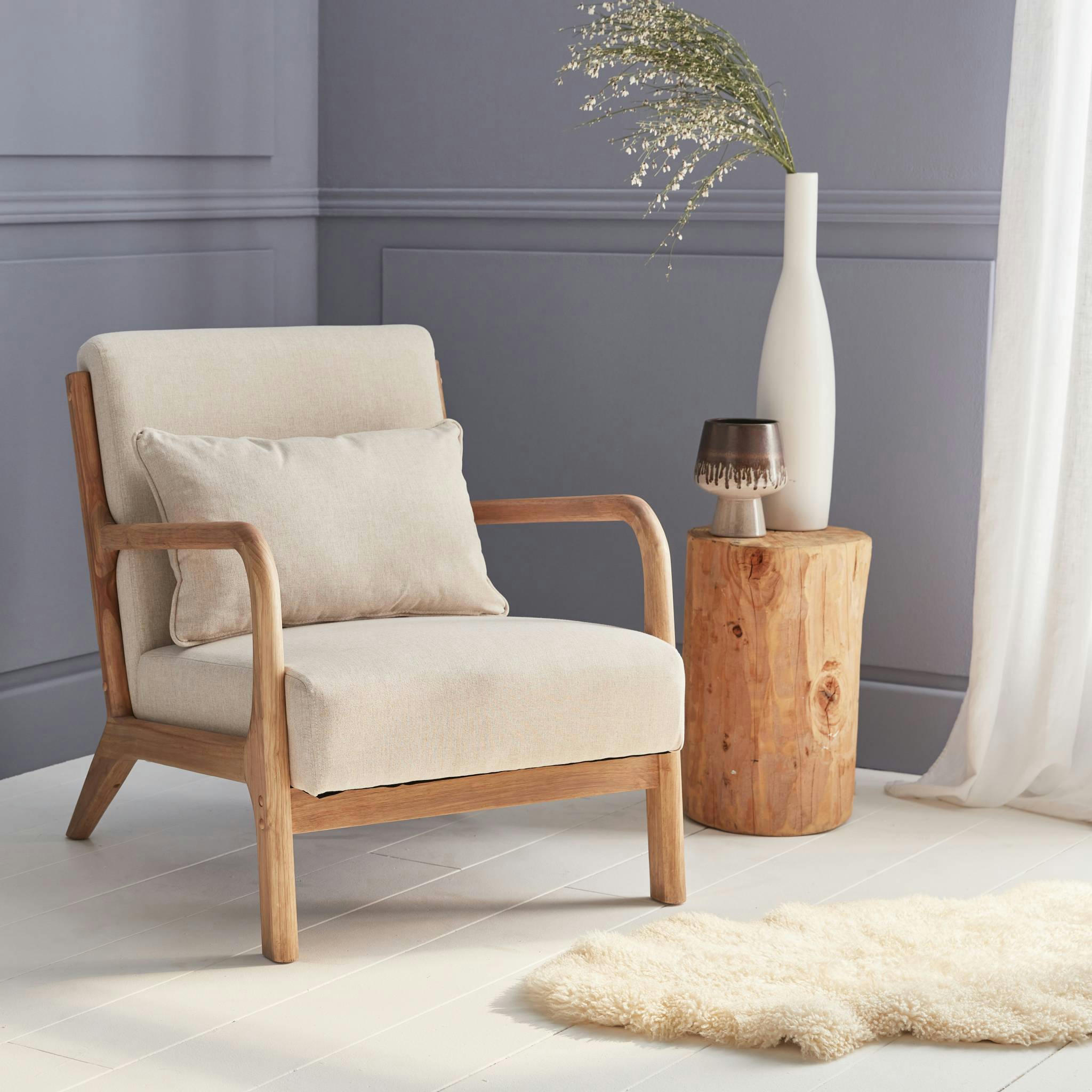LORENS - Fauteuil design beige en bois et tissu