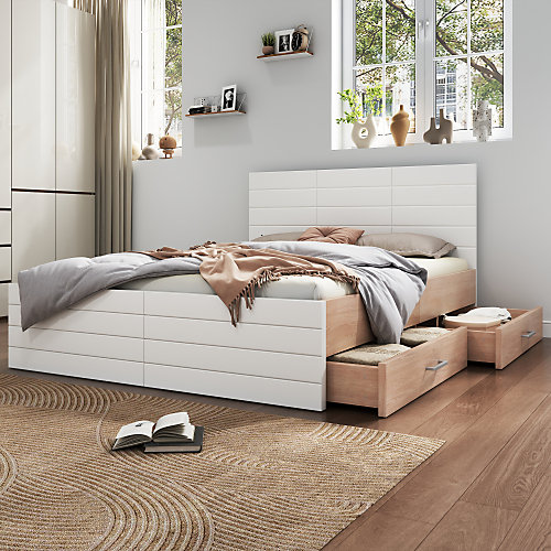 Lit double 160x200 cm en bois - avec 2 tiroirs et sommier à lattes - Blanc Naturel (matelas non inclus)