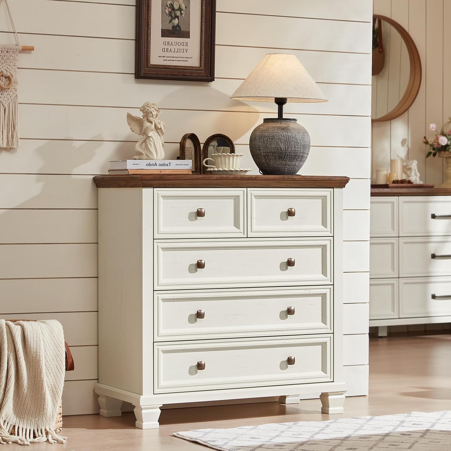 Farmhouse Bedroom Dresser and Nightstand Set of 4, 6 Drawer Tall & 5 Drawers Dresser & 2 Drawer Nightstand Set, Rustic Wood Furniture Set for Bedroom, Hallway, White