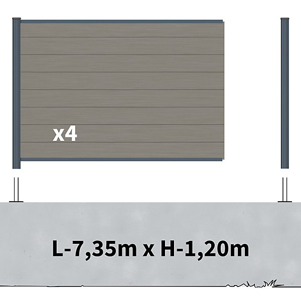 Kit Clôture Composite sur Muret RIO Platine 7,5x1,2m - Bois composite &Aluminium - Poteaux sur Platines Gris - Brise vue