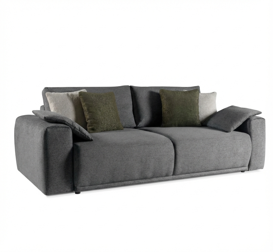 Wygodna Sofa Rozkładana QUEEN z Funkcją Spania Szara z Ozdobnymi Poduszkami