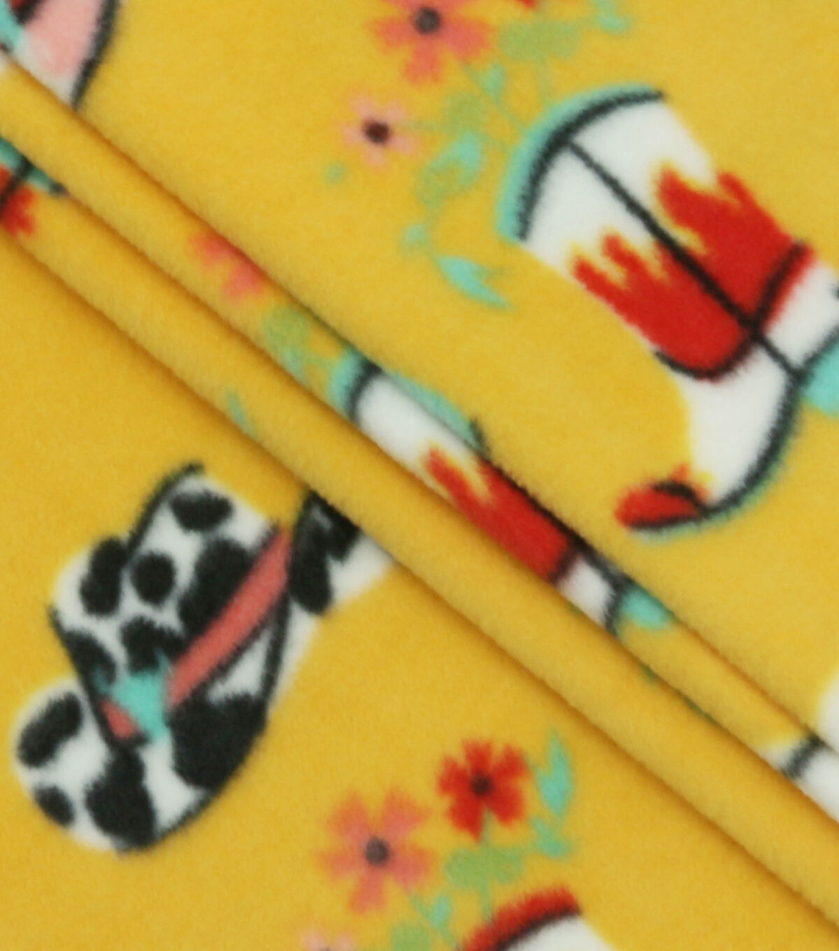 Floral Cowboy Boots on Yellow Anti Pill Fleece Fabric