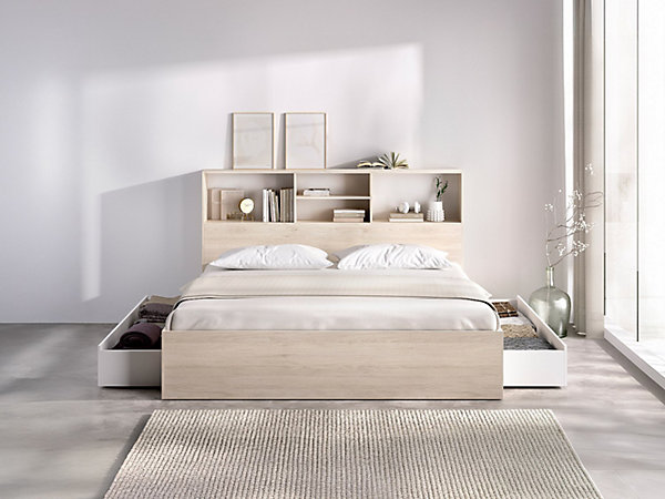 Lit 140 x 190 cm avec rangements - Coloris : Naturel et blanc   Sommier   Matelas - VARDIEL
