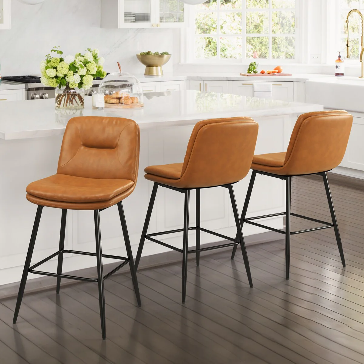LUE BONA 24 in. Counter Height Bar Stools, Double-Layer Faux Leather Upholstered Counter Stools with Back for Kitchen Island
