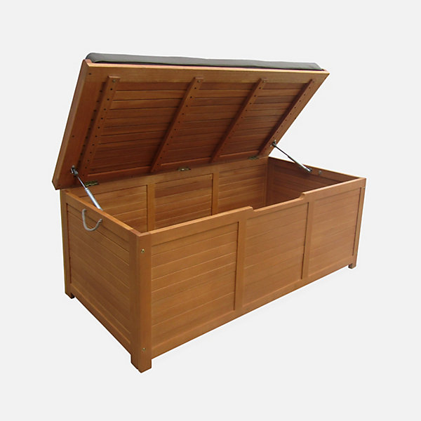 Coffre de jardin en bois 200L - Caja gris- 125x60cm rangement coussins avec 2 vérins et poignées