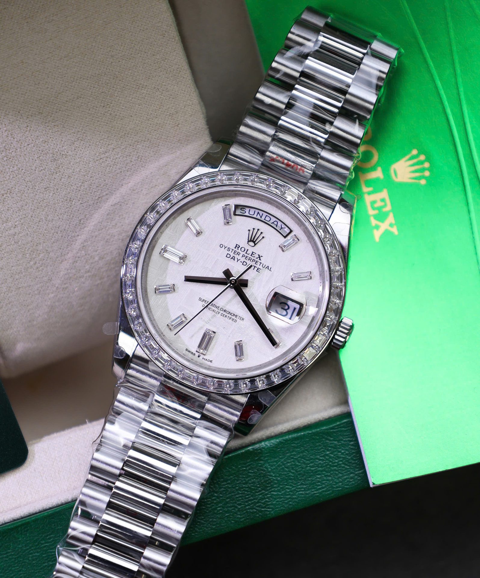 Rolex Day-Date 904L Steel Meteorite Dial Baguette Diamond 40mm Super Clone