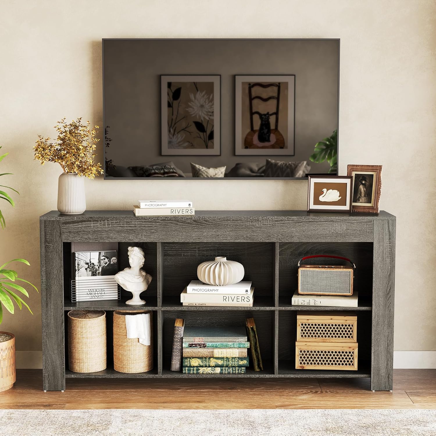 LITTLE TREE TV Stand with Storage, 63-Inch Entertainment Center with Shelves, Modern Media Console for Television up to 65 for Living Room, Bedroom, Grey + Black