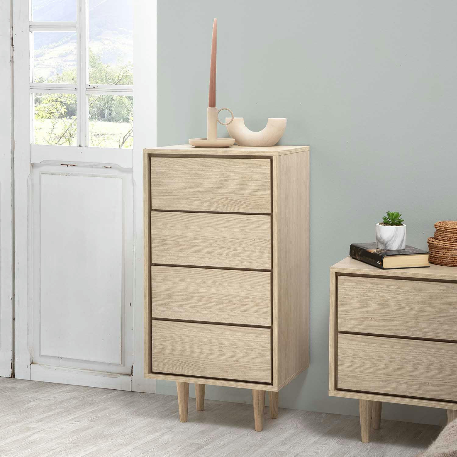 DENIA - Chiffonnier 4 tiroirs chêne/chêne, 45 cm longueur