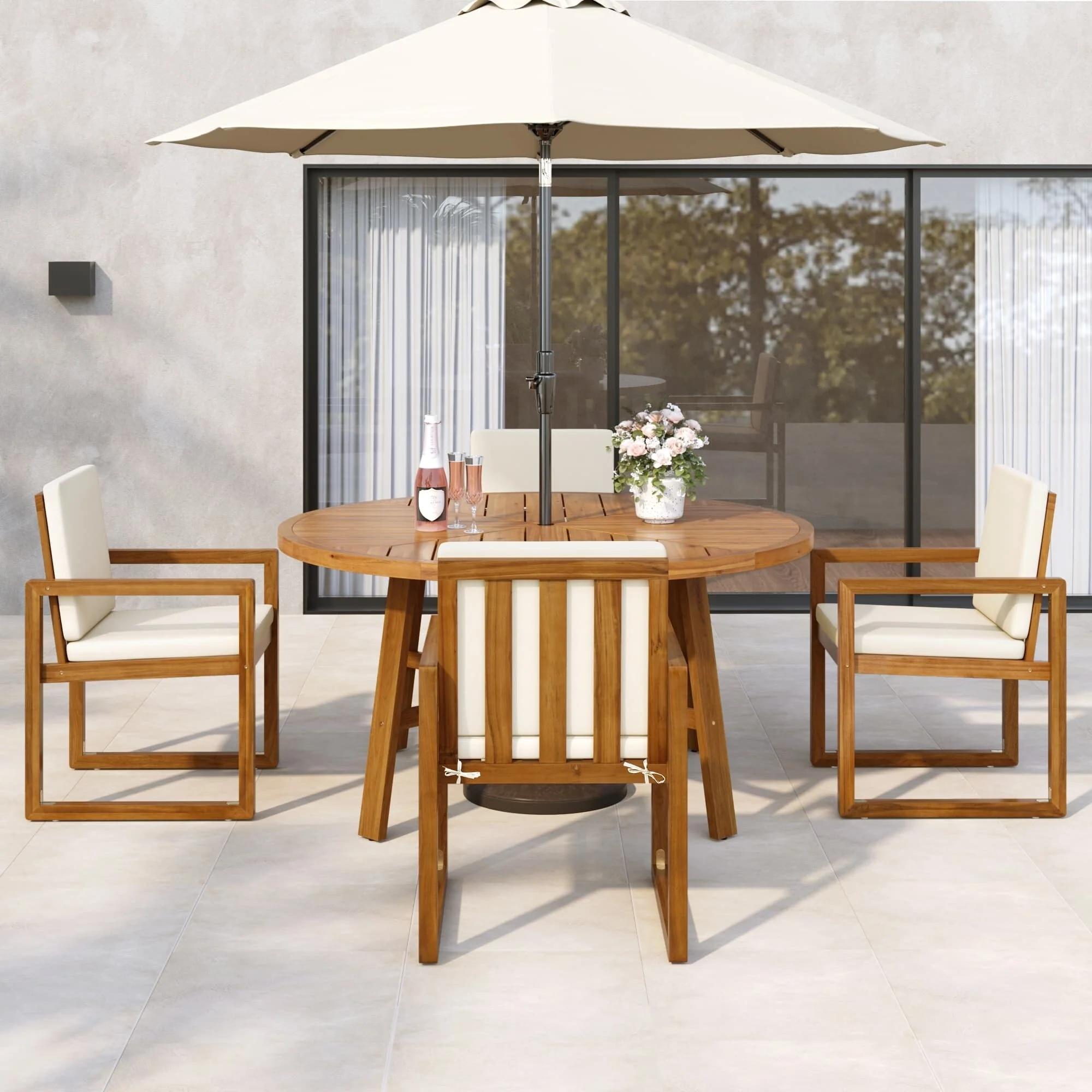 5-Piece Outdoor Acacia Wood Round Dining Set with 4 Armchairs, Cushion