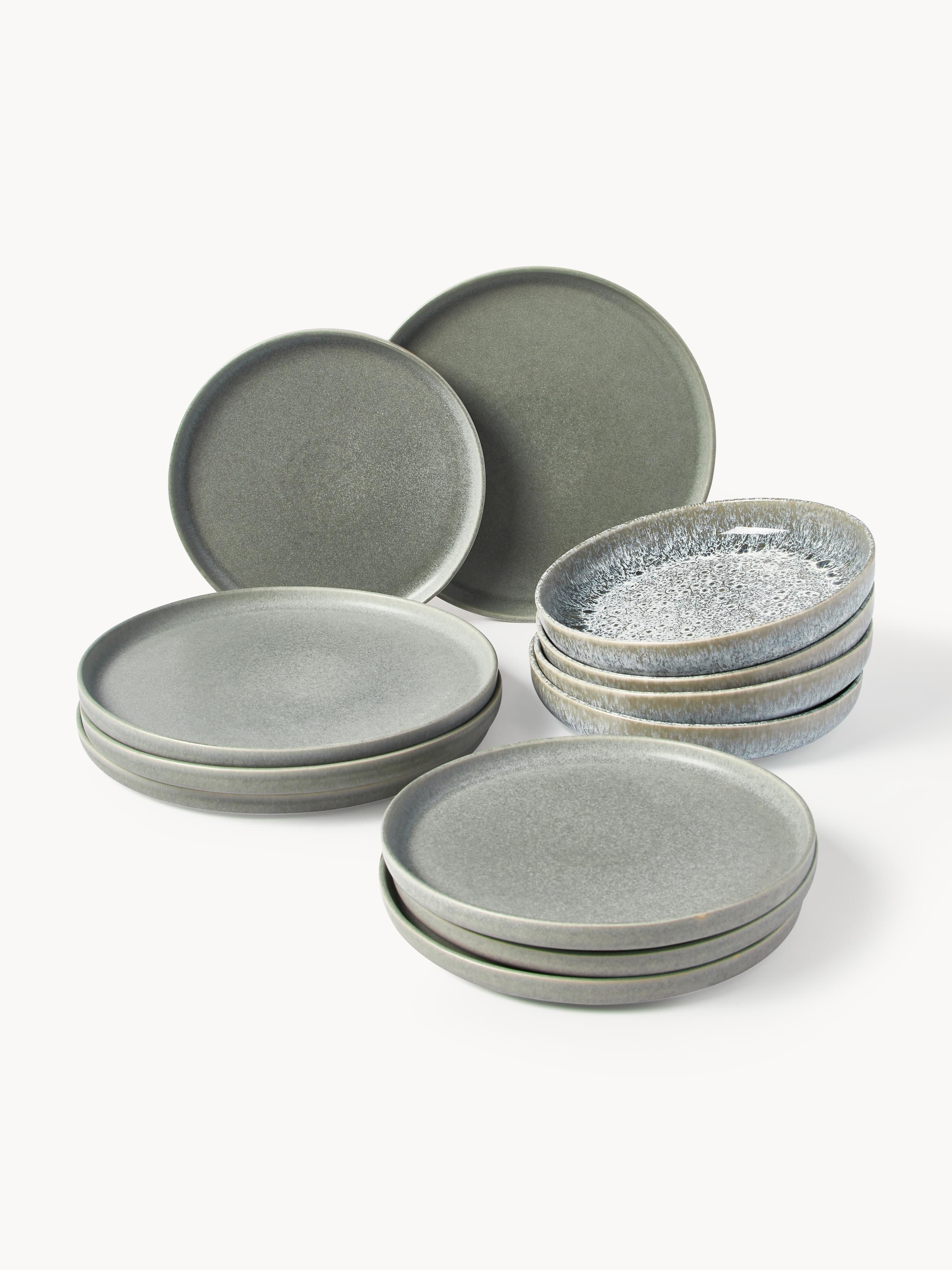 Handgefertigtes Geschirr-Set Pam mit reaktiver Glasur, 4 Personen, 12er-Set