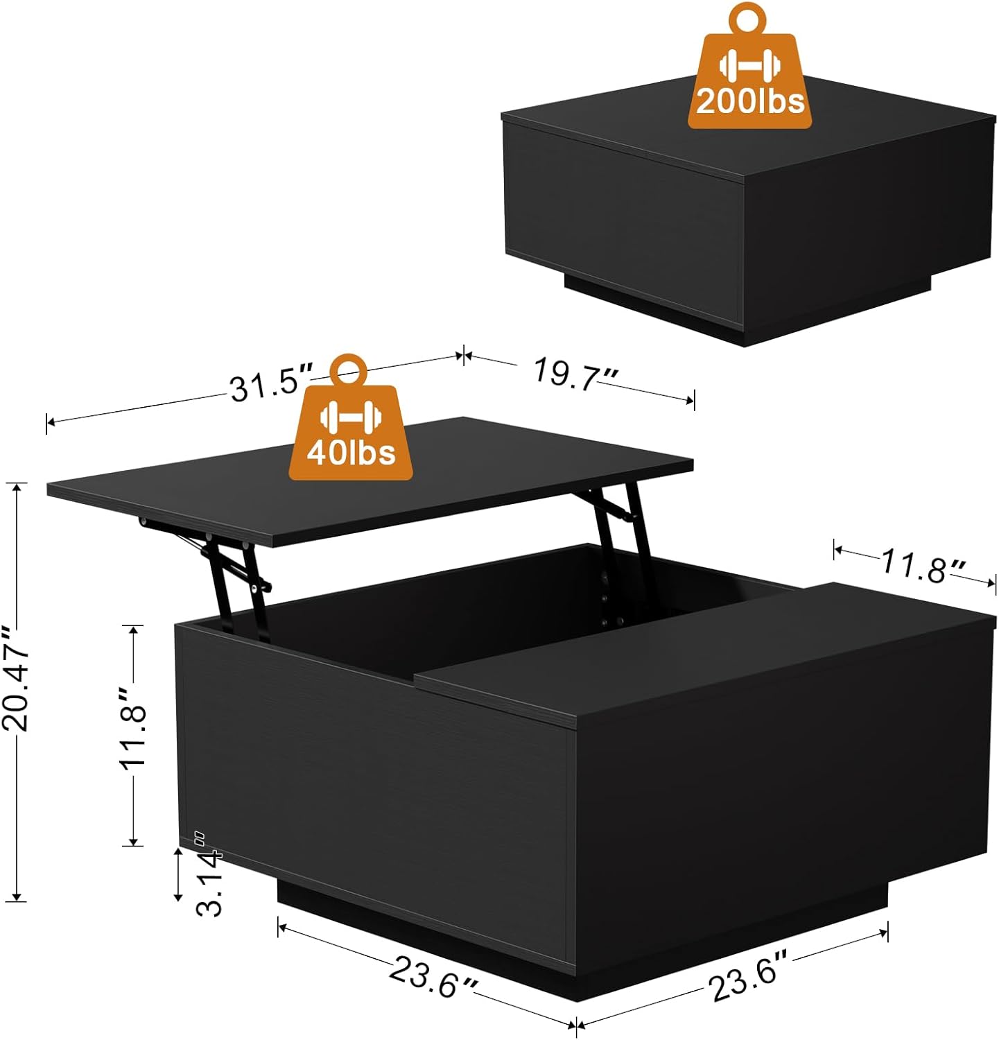 FABATO Lift Top Coffee Table, Wood Square Coffee Table with Storage, Farmhouse Coffee Tables with Hidden Storage Compartment, Center Table with Lifting Tabletop for Living Room, Home Office, Black