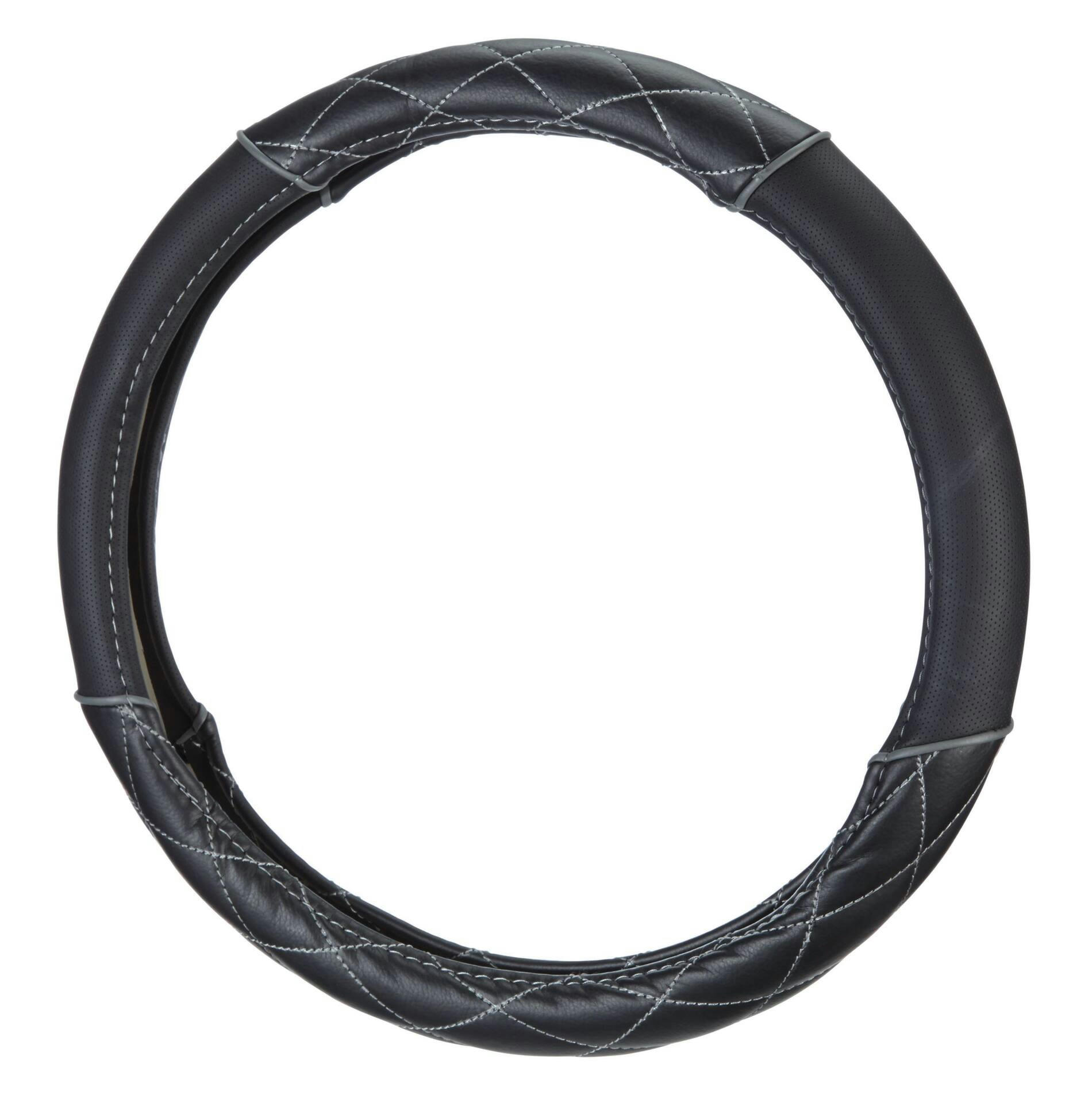AutoTrends Faux Leather Quilted Steering Wheel Cover, Black & Grey