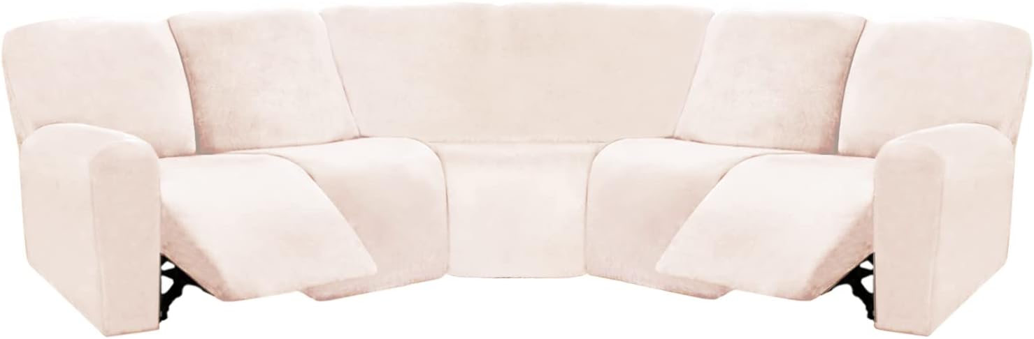 ULTICOR 7-Piece Sectional Recliner Sofa Covers, Velvet Stretch Reclining Couch Covers for Reclining Sofa, Thick, Soft, Washable (Ivory, L Shape 5 Seat Recliner Cover)