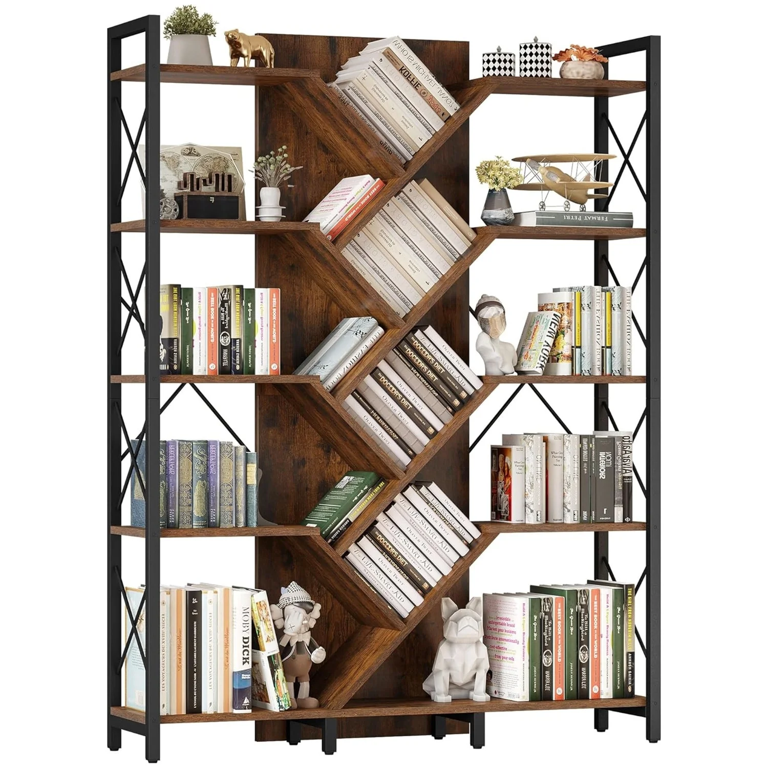 Moasis Wood 5-Tier Large Tree Bookshelf Industrial Open Etagere Bookcase