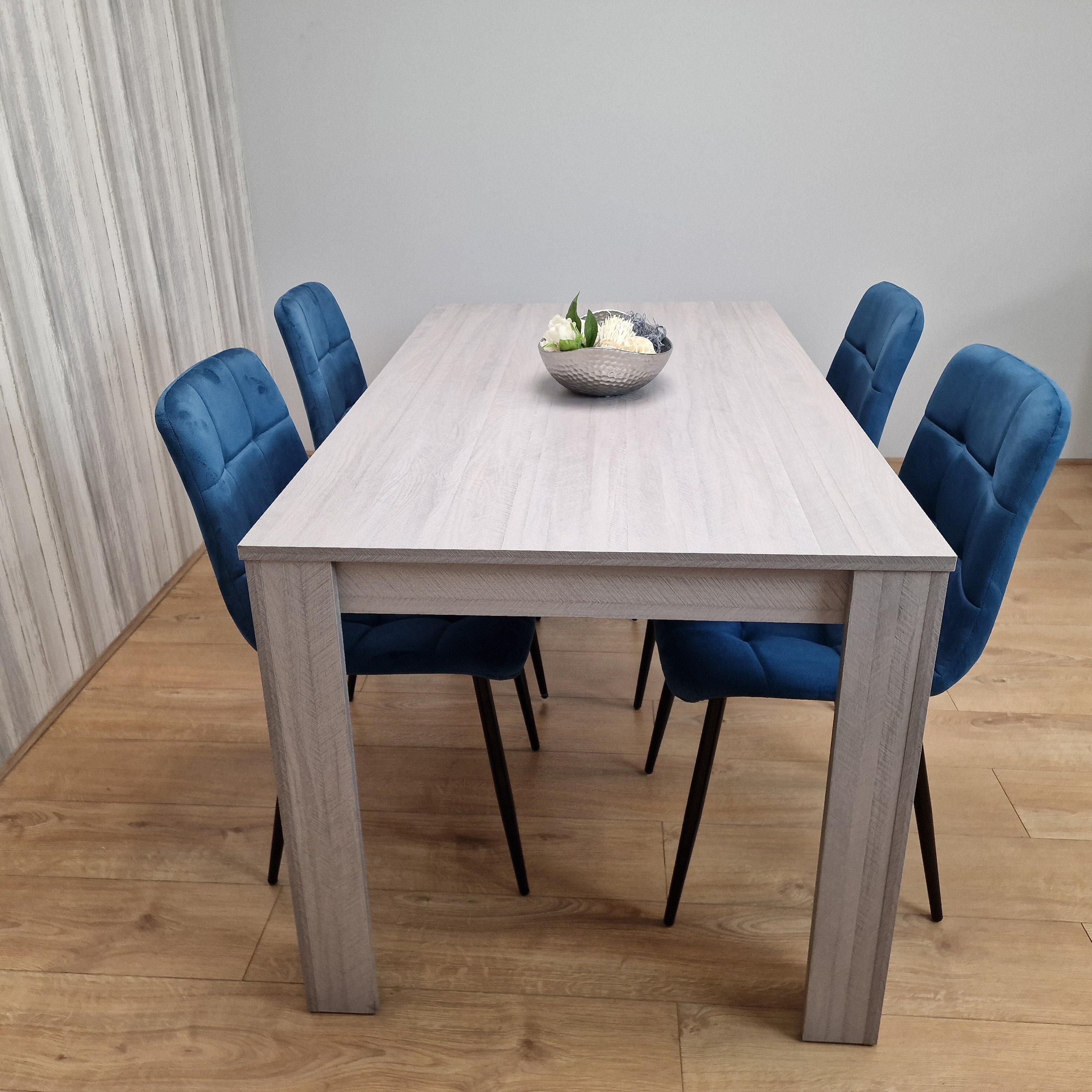 KOSY KOALA Grey Dining Table and 4 Blue Velvet Chairs Kitchen Dining Table for 4 Dining Room Dining Set