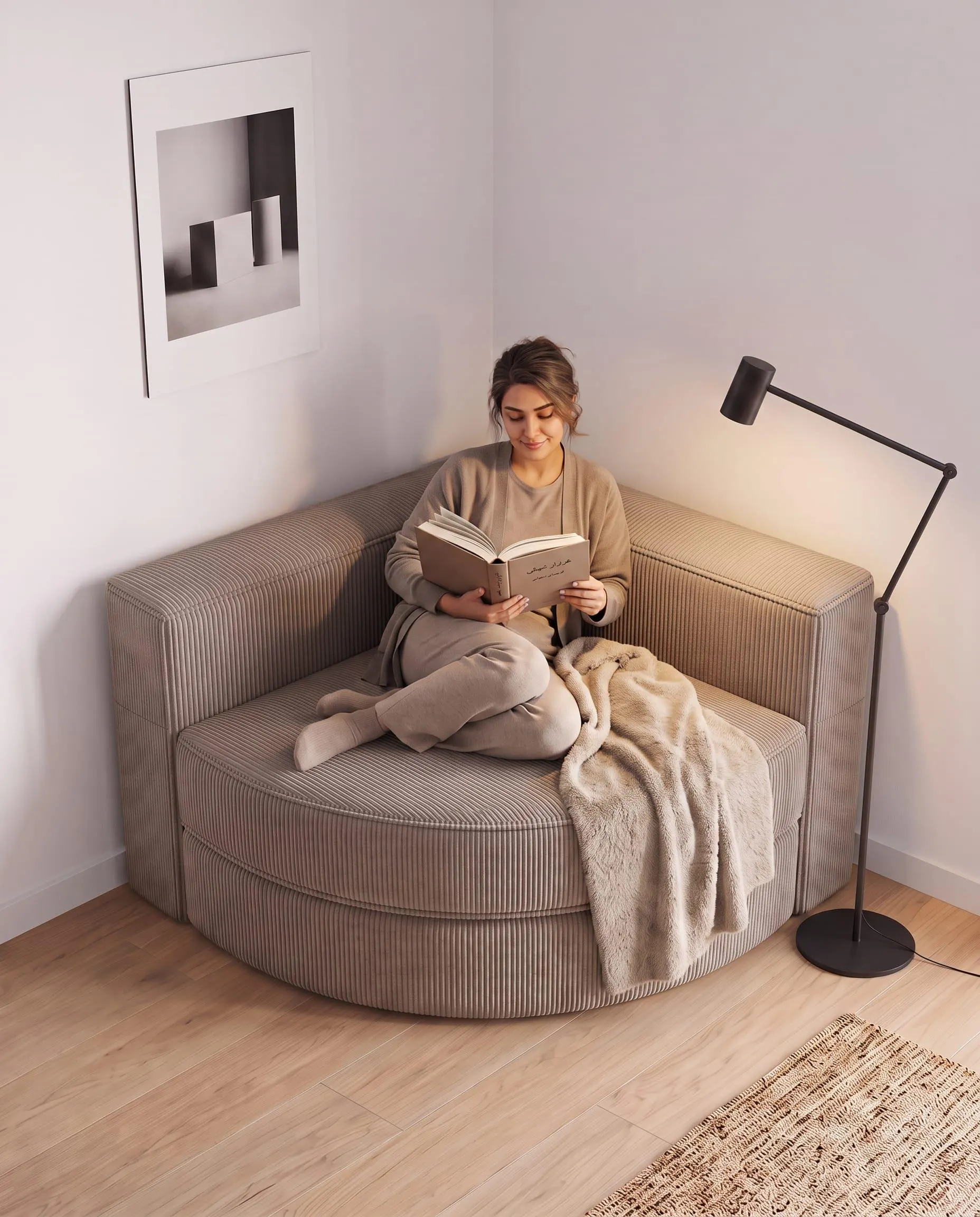 Modern Corner Chair, Washable Corduroy Lounge Sofa, Space-Saving Foam Seat