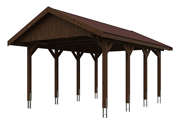 Carport SKAN HOLZ Wallgau 430 x 600 cm, traitement coloré noyer, avec bardeaux rouge