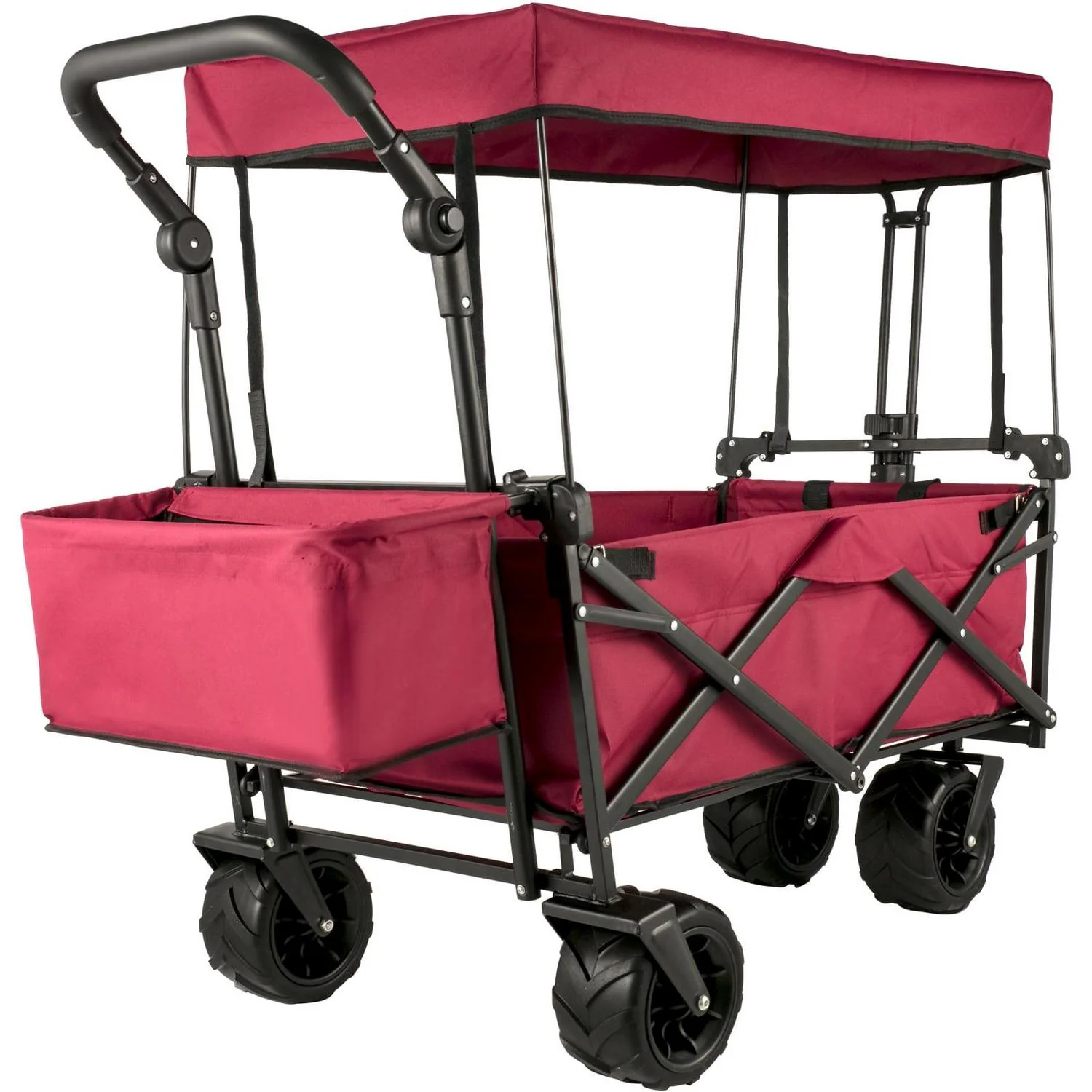 Red Collapsible Wagon Cart with Canopy, 360�� Wheels, Adjustable Handles, 220 lbs Capacity for Beach  Garden